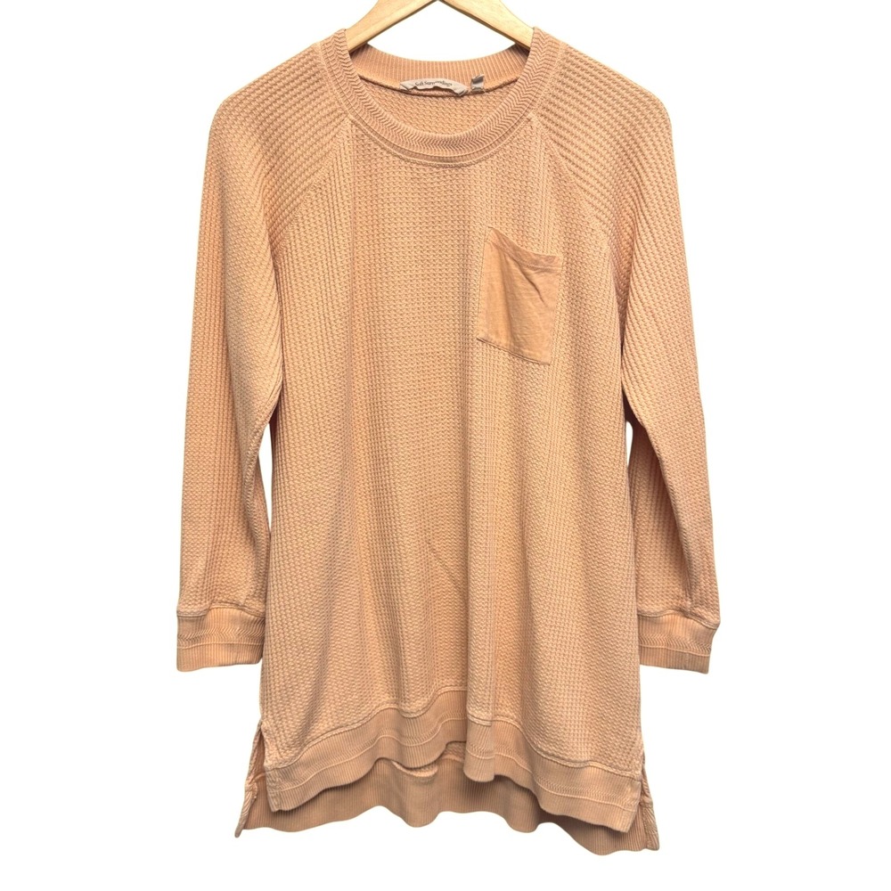 Soft Surroundings Womens Top‎ Large Waffle Knit Tunic Pocket Apricot Long Sleeve